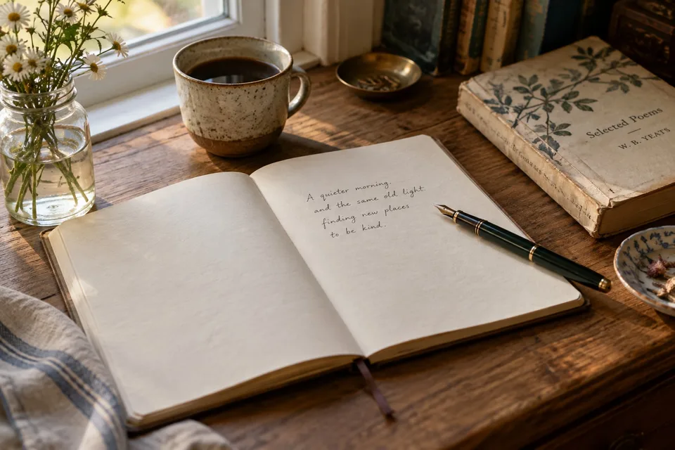 An open notebook with handwritten poetry and a fountain pen on a wooden desk beside a sunlit window