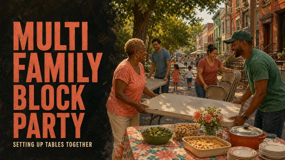 An annual multi-family block party setting up tables
