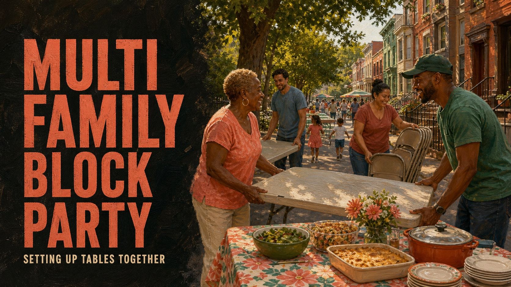 An annual multi-family block party setting up tables